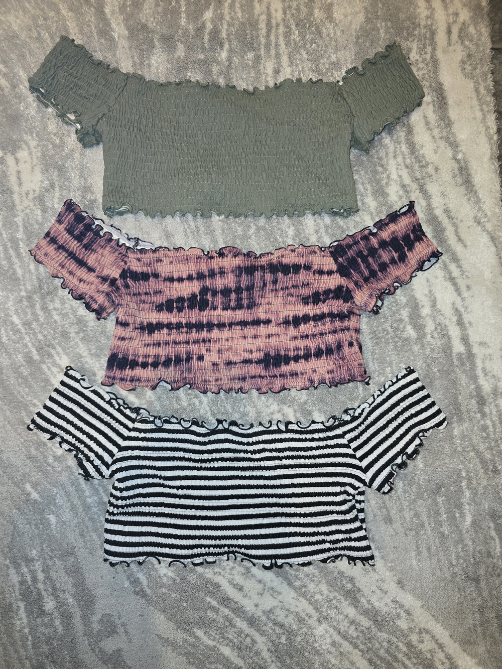 Set Of Off-Shoulder Smocked Crop Top - Olive, Pink Tie-Dye, Black & White Stripe